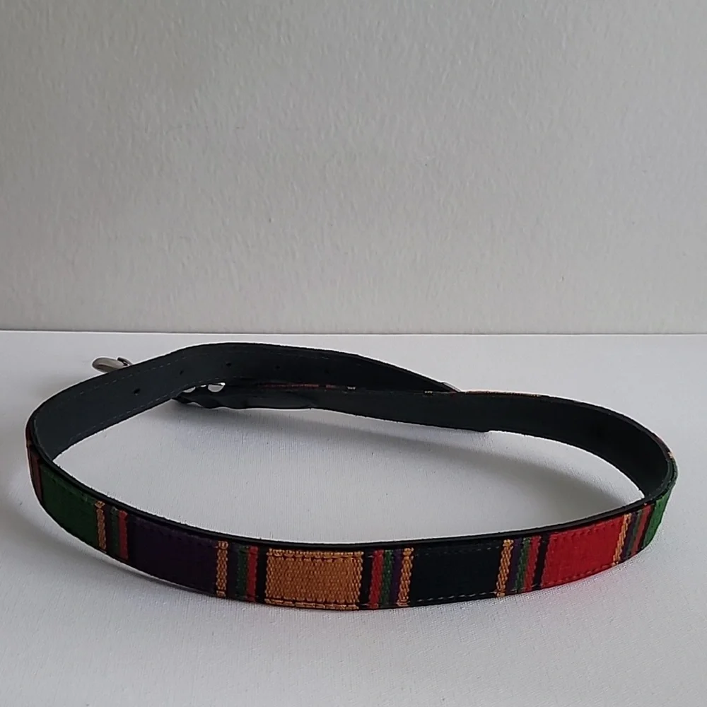 Vintage Multicolor Woven Stripe Belt with Black Leather Backing